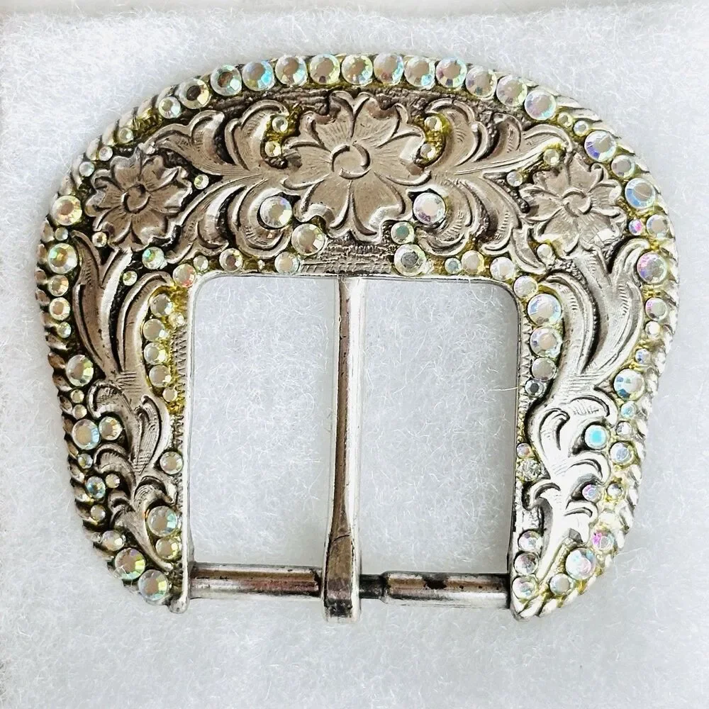Western Belt Buckle Iridescent Aurora Borealis Rhinestones Y2K 90s Vintage Rodeo